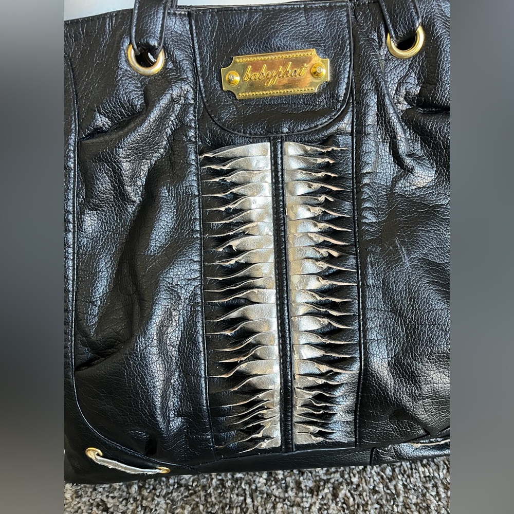 Y2K Baby Phat Purse Black Gold Plated Faux Leather Snakeskin Grunge Shoulder Bag - Picture 2 of 8